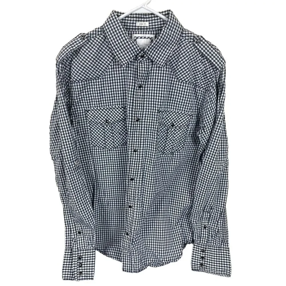 BKE Buckle Western Shirt‎ Mens Size L Black Plaid Long Sleeve Pearl Snap Cowboy
